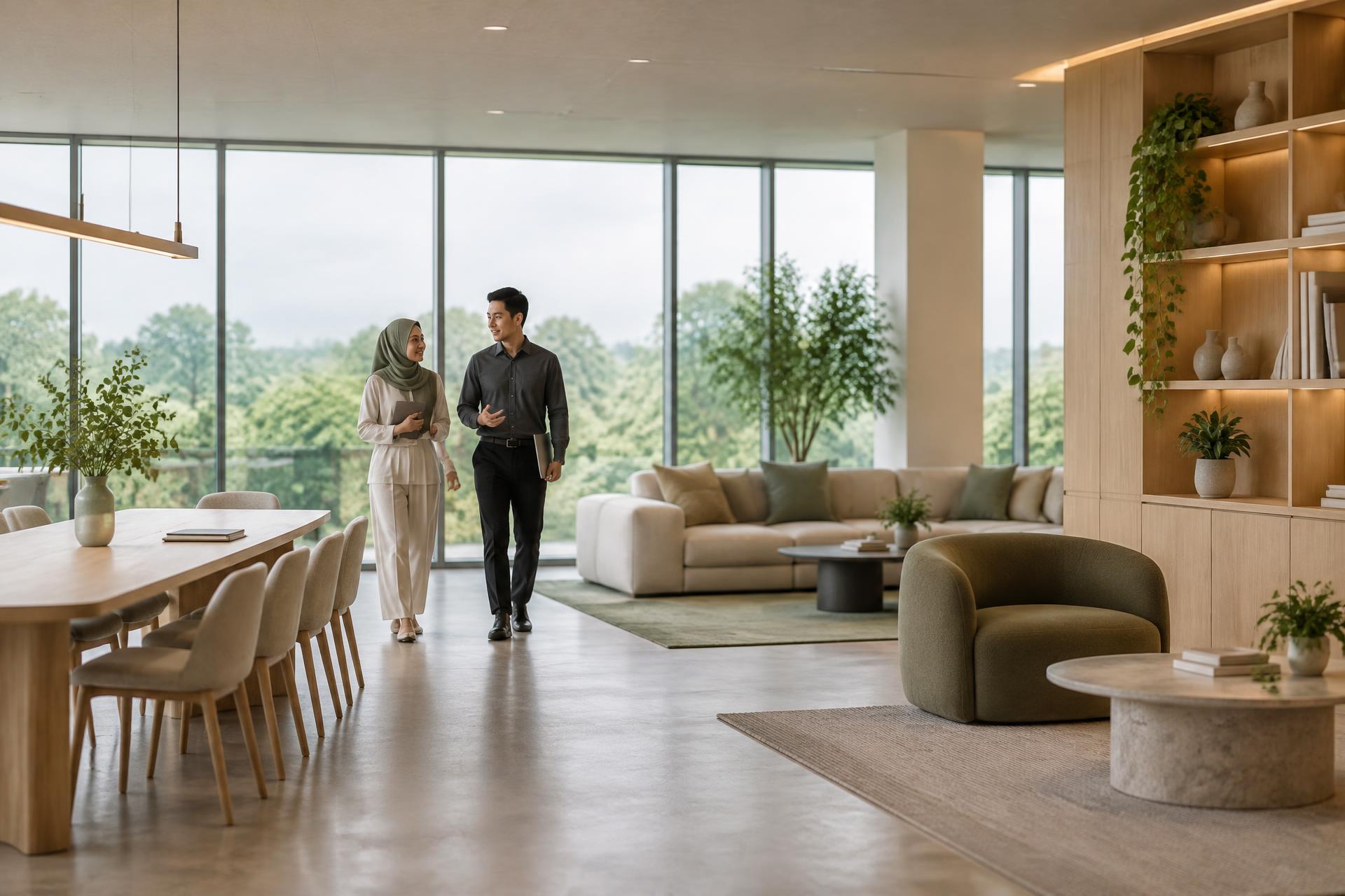 A calm, light-filled modern office interior where two colleagues pass through the space