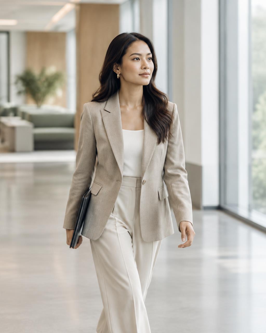 A professional walking through a bright, modern office